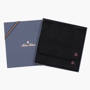 BROOKS BROTHERS Merino Wool Cashmere Black Ribbed Beanie Hat and Scarf Set NEW